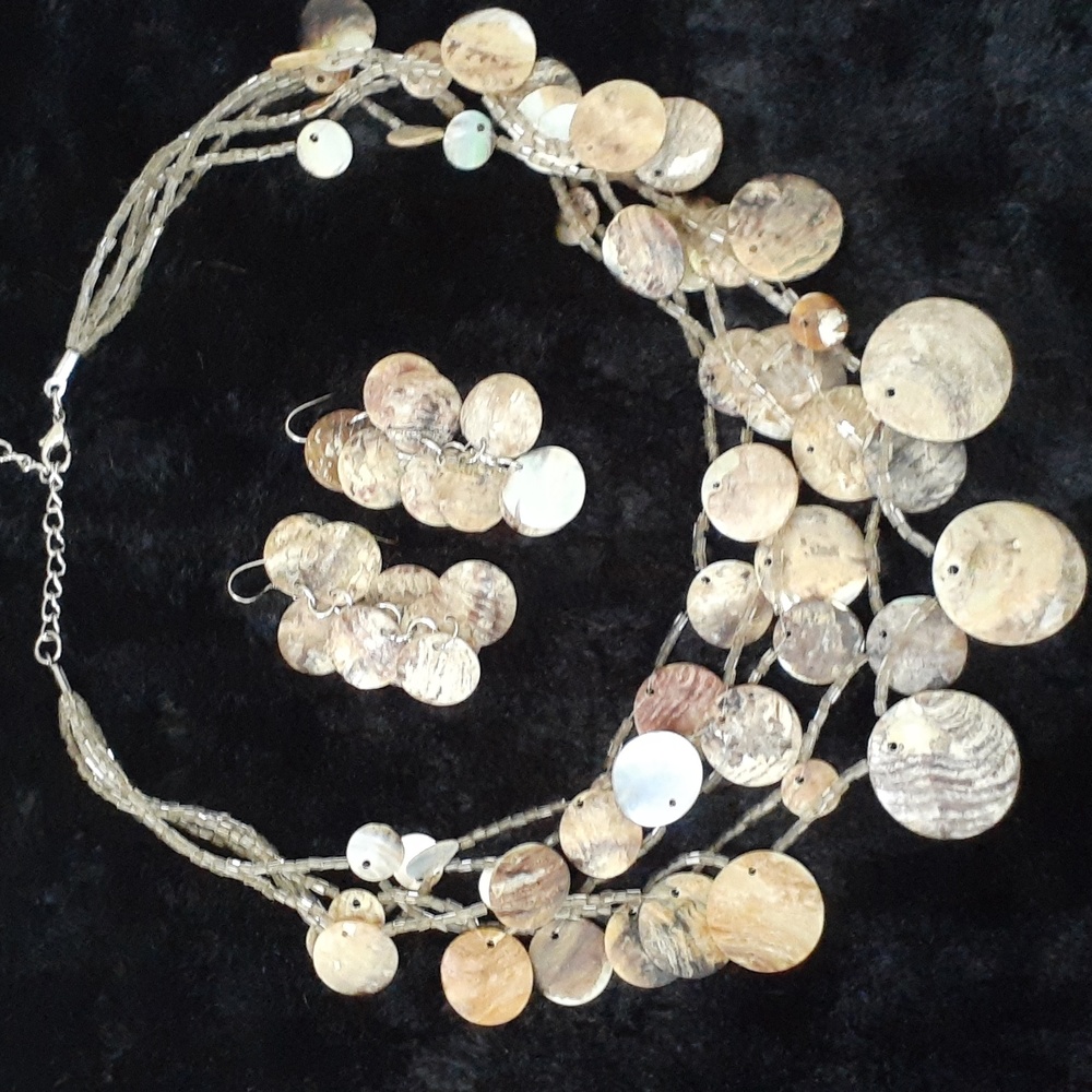 Shell multistrand necklace and earring set